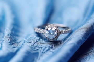 Wedding ring with diamonds on blue satin background, closeup. Perfect for jewelry store advertisements or engagement-related content with Copy Space.