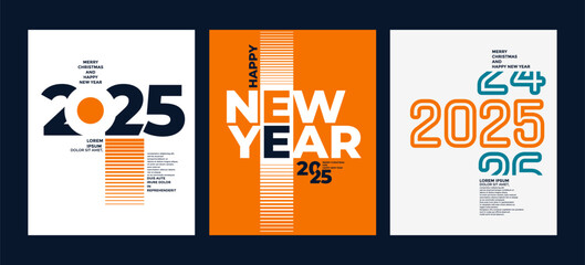 2025 colorful set of Happy New Year posters. Abstract design typography logo 2025 for vector celebration and season decoration, backgrounds, branding, banner, cover, card and or social media template.