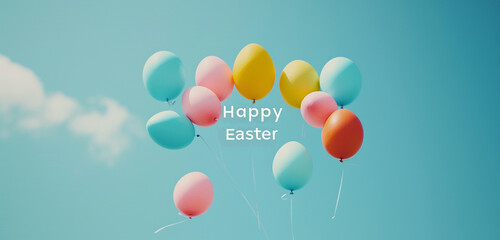A photo text of the word "Happy Easter" on a solid sky blue background