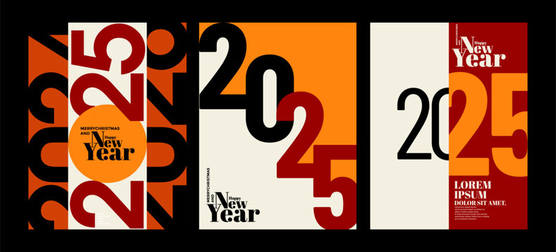 2025 colorful set of Happy New Year posters. Abstract design typography logo 2025 for vector celebration and season decoration, backgrounds, branding, banner, cover, card and or social media template.