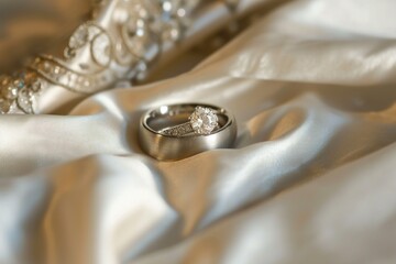 wedding rings on the white satin background close-up. Perfect for jewelry store advertisements or engagement-related content with Copy Space.