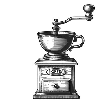 Vintage manual coffee grinder, ideal for coffee enthusiasts and historical kitchenware themes sketch engraving generative ai vector illustration. Scratch board imitation. Black and white image.