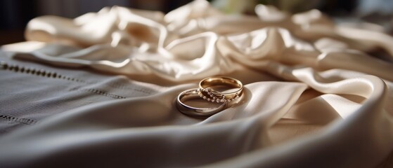 Wedding rings on a white satin fabric. Selective focus. Perfect for jewelry store advertisements or engagement-related content with Copy Space.