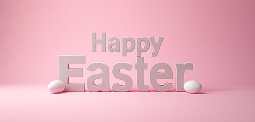 A photo text of the word "Happy Easter" on a solid pastel pink background