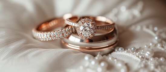 Elegant wedding rings resting on delicate white feather, symbolizing love and unity