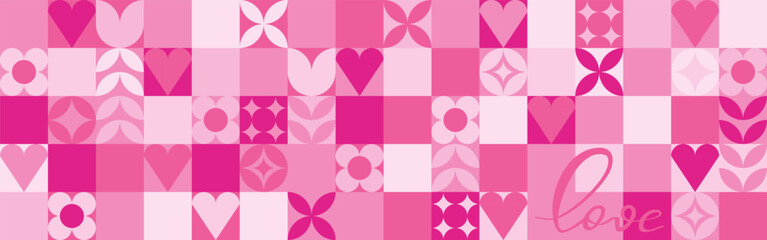 Seamless pink background for Mother's Day card template. Trendy geometric shapes with circles, squares and hearts in retro style for a Valentine's Day or wedding day cover.