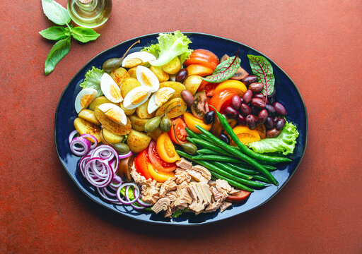 Nicoise tuna salad view from above, ready to eat