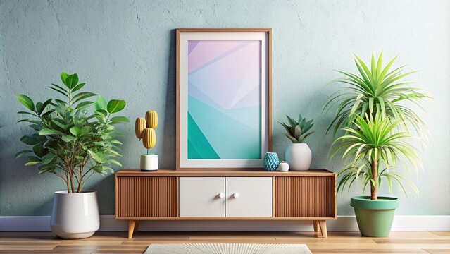 Blank frame mockup on white wall living room with wooden sideboard with small green plant