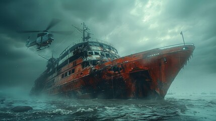A view of a partially sunken ship discovered years after it ran aground in the ocean. The collapsing vessel is examined from a helicopter, demonstrating its weathered and worn structure. - obrazy, fototapety, plakaty