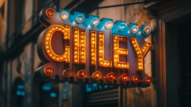 Vintage Marquee Lights Spelling Out 'CHILEY' in a Classic Art Deco Cinema Signage Style on an Urban Street at Dusk