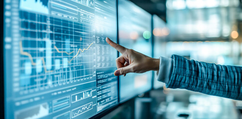 Close-up of Hand Pointing at Financial Data on a High-resolution Digital Display
