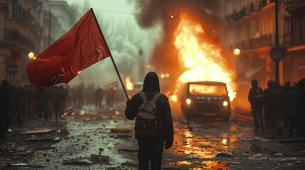 Emerging against the backdrop of chaos, a man waves a flag amidst a burning car and swelling protests, embodying the civil unrest and governmental resistance. - obrazy, fototapety, plakaty