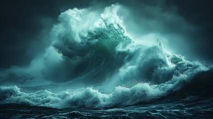 A powerful depiction of a large wave crashing in the ocean, showcasing the raw energy and force of nature