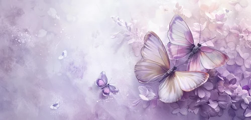 Cercles muraux Papillons en grunge A photo text of the word Happy Easter in sophisticated serif font on a soothing lavender background, accented with delicate watercolor butterflies