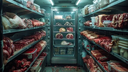An industrial refrigerator filled with frozen meat chunks in a small cold room. This image depicts a concept of food storage and preservation in a commercial setting.