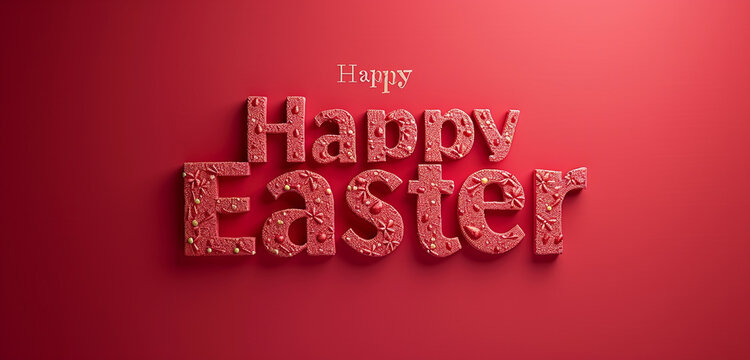 A photo text of the word "Happy Easter" on a solid crimson red background