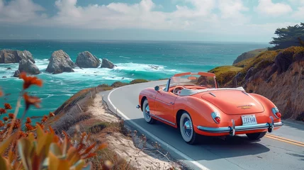 Poster Vintage pink car driving on a scenic coastal road with breathtaking mountain views and a sunny seascape background. Colorful and vibrant vintage travel concept. © Dmitry