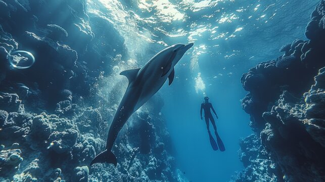 A breathtaking underwater image capturing a harmonious moment between a man, a dolphin, and a mesmerized diver. The tranquil scene showcases the beauty of marine life in its natural habitat.