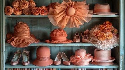 An assortment of retro-style headwear and women's shoes in a peach-colored home collection. The...