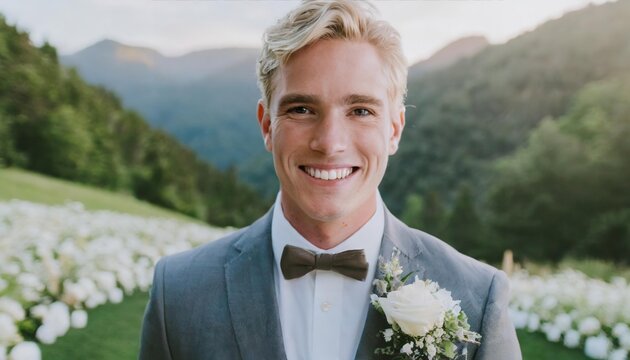 Candid photo of a joyful groom at an outdoor summer wedding, surrounded by nature