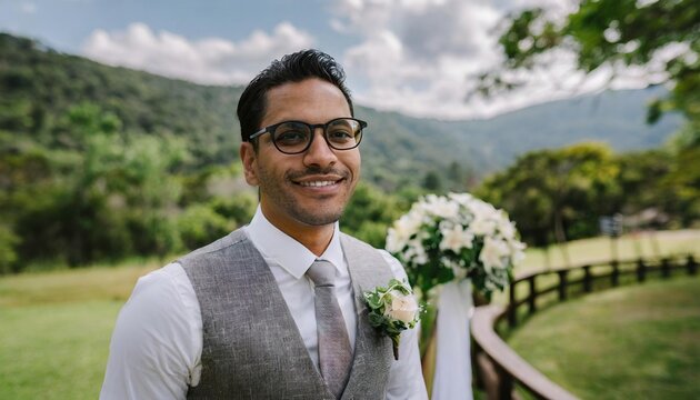  Candid photo of a joyful groom at an outdoor summer wedding, surrounded by nature