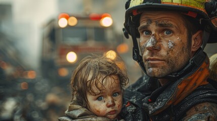 Obraz premium Displaying bravery and urgency, a firefighter rescues a scared child from a burning structure, highlighting the heroism in the face of danger.