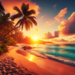 Fototapeta na wymiar Tranquil Beach Scene with Vibrant Palm Trees Under a Dreamy Sunset Sky