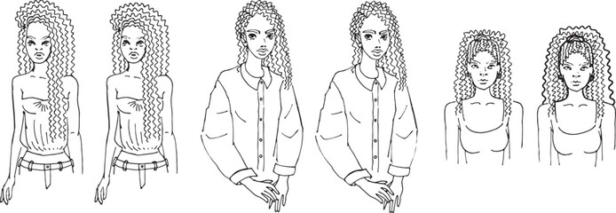 Set Line Clip Art Black Girls Fashion illustration for Design Drawing by hand woman with wavy hair. Minimalist stylized character Face Graphics sketch in ink for coloring