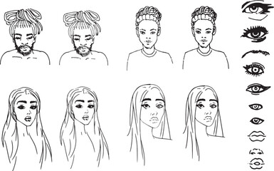 Set Faces Different Nationalities Afro, Europeans young people guy and girl Linear hand drawing Minimalistic Fashion Illustration Clip Art for Design Afro hairstyle long hair. Eyes, lips comic pop art