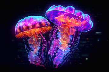 Fototapeta premium Jellyfish with neon lighting. Underwater world. Aquarium with jellyfish.