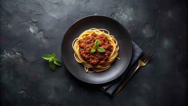 Plano desde arriba de espaguetis a la boloñesa sobre un plato negro. Pasta con carne y tomate triturado. Receta italiana clásica de pasta.
