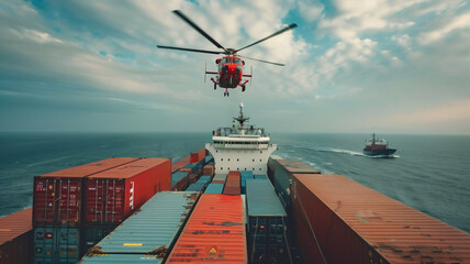 Helicopter is flying away from cargo ship ,Sending pilot , Sea rescue ..