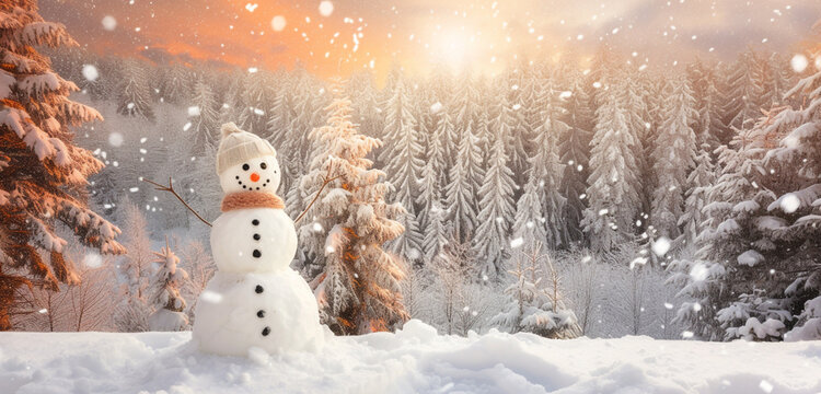 Panoramic winter wonderland with a happy snowman in front of a snowy forest under a pastel orange sky, including copy space