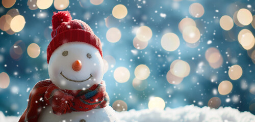 A snowman with a red scarf and cap, captured up close against a snowy background under a cool cyan sky, with blurred bokeh lights creating a serene winter atmosphere and copy space