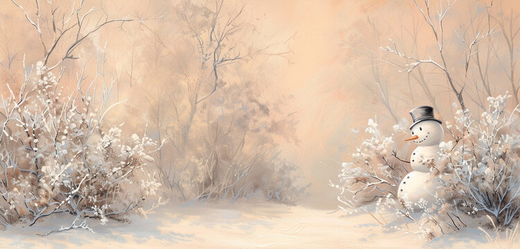 Wide winter landscape with a happy snowman near frosty bushes under a soft peach sky, offering copy space