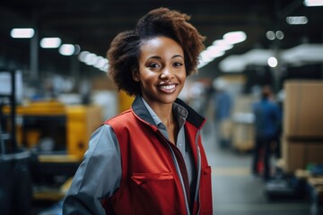 Portrait of a smiling young woman working in warehouse