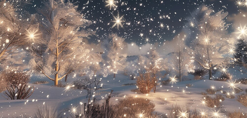 A snowy Christmas landscape with a clear, star-filled sky, the ground and trees blanketed in snow,...