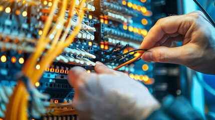 Obraz premium Building Tomorrow's Connectivity: Skilled Hands Installing Fiber Optic Cable, Crafting Modern Communication Infrastructure with Precision and Innovation, Paving the Way for Seamless Connectivity