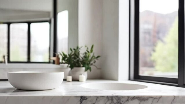 White bathroom marble countertop with copy space on blurred window background created with generative ai