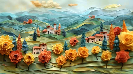 Poster autumn landscape in tuscany origami paper sculpts © Aki