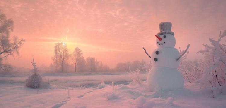 A sweeping view of a snowman in winter surroundings with sparkling icicles under a muted coral sky, ample copy space