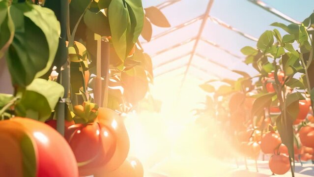 Big greenhouse with rows of tomatoes Vector