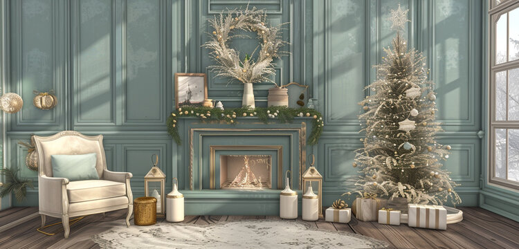 A tranquil Christmas corner with a seafoam green fireplace, a white armchair, and a tree with pale gold and silver accents