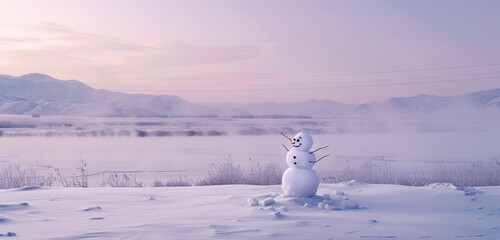 A vast snowy landscape with a joyful snowman in front of a frozen lake under a pale violet sky,...