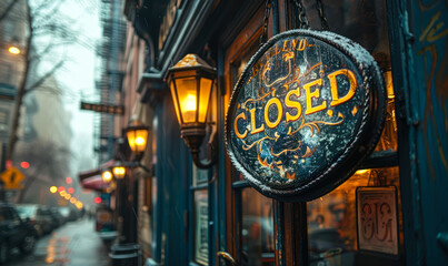 Fototapeta premium Elegant CLOSED sign hanging on the door of a shop, reflecting the end of business hours or temporary closure in a quaint urban street setting