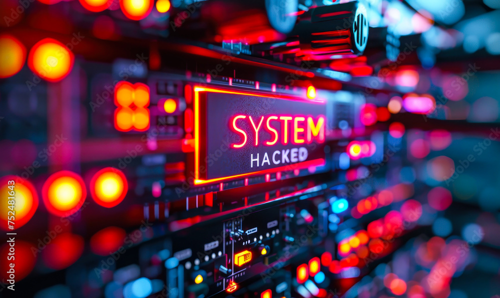 Poster alarming system hacked alert flashing on a server data panel, illustrating a cyber security breach w