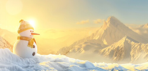 A wide snowy setting featuring a jolly snowman with a backdrop of frosty mountains under a tender yellow sky, copy space for messaging