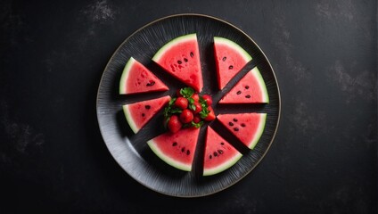 Top view watermelon on plate on empty black background, space for text, empty space for advertising