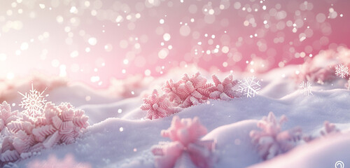 An eye-catching Christmas scene featuring snowdrifts under a soft pink sky, with delicate snowflakes falling gently - obrazy, fototapety, plakaty