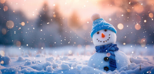 Close-up of a snowman wearing a blue cap and scarf, with a snowy field in the foreground and a dusky pink sky above, starry night adding to the serene atmosphere and copy space